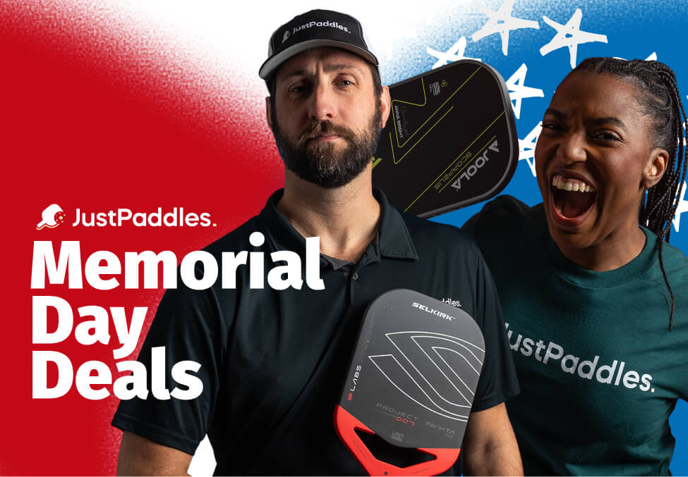 JustPaddles. Memorial Day Deals with various pickleball paddles, including SLK, Bantam, Joola Scorpeus, and Selkirk Invikta.